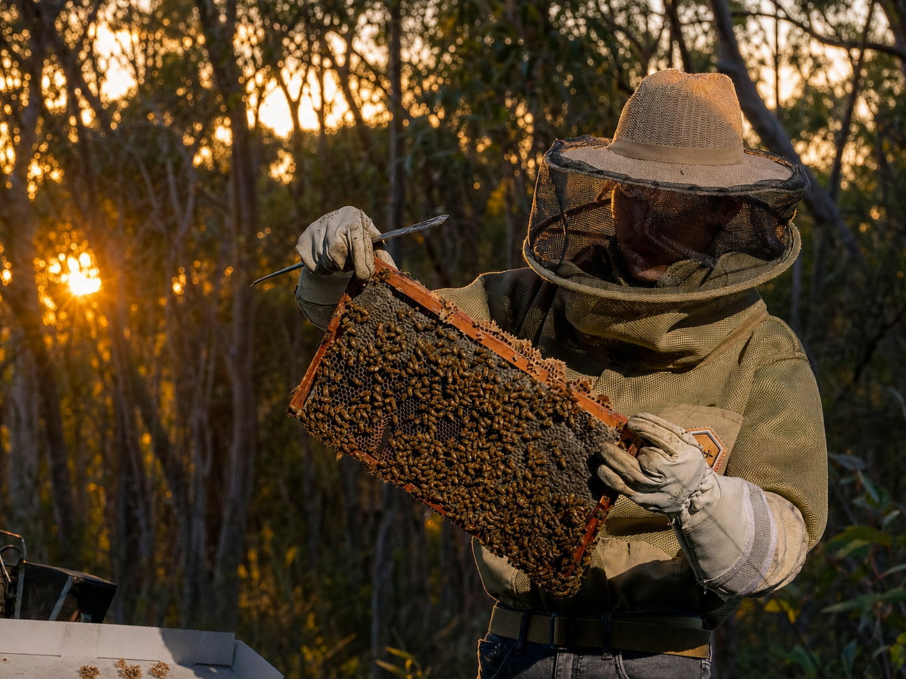 A beekeeper in worn canvas gear lifting a honeycomb frame from a hive at first light in dense bushland.